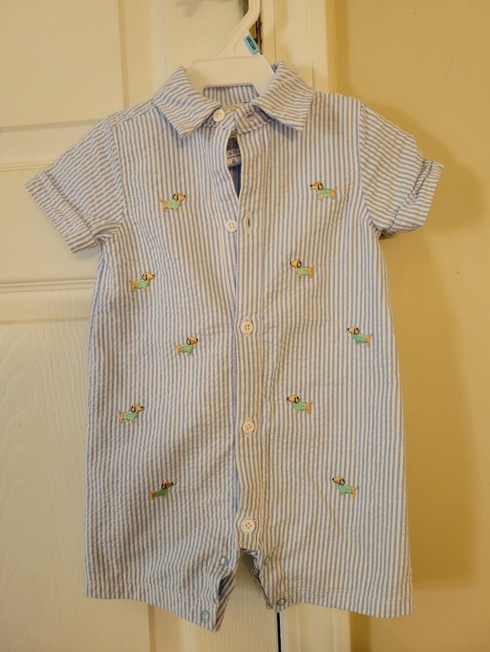 Little Me Seersucker Blue Dog Button Down Romper Size 9 Months